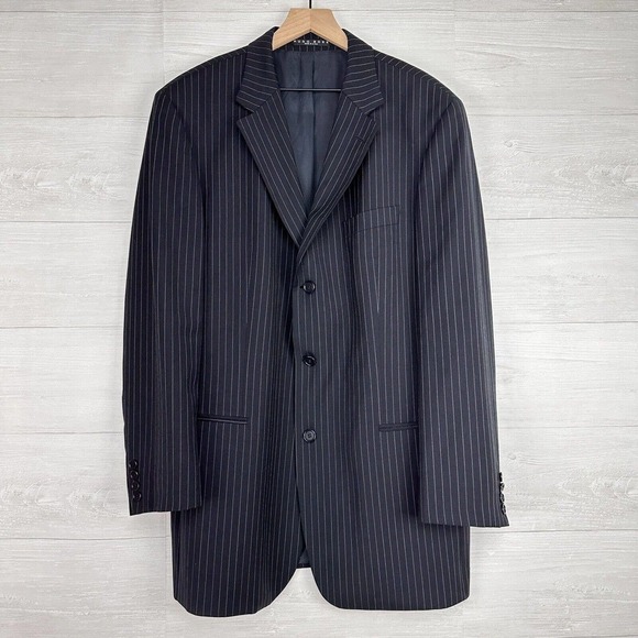 Hugo Boss Wool Blazer Mens 44L Black Striped Sport Coat 3 Button Suit Jacket - Picture 1 of 13